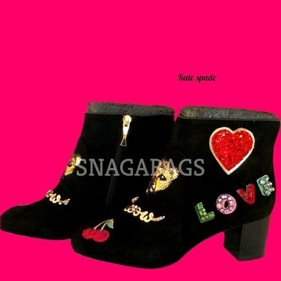 KATE SPADE NIB LIVERPOOL BLACK KID SUEDE ANKLE BOOTS SPARKLY EMBELLISHED SIZE 8M - Picture 3 of 13